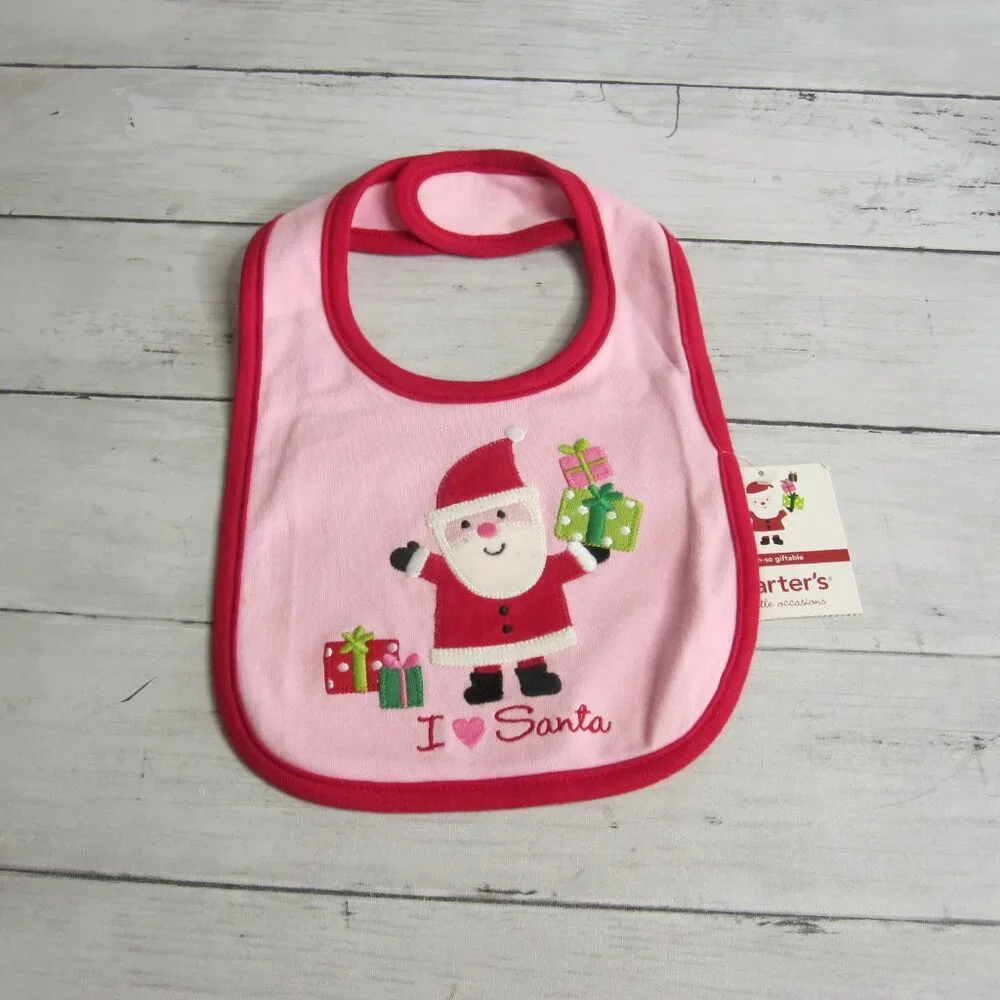 Carter's Baby Girl's Bib One Size Red Pink Christmas I Love Santa